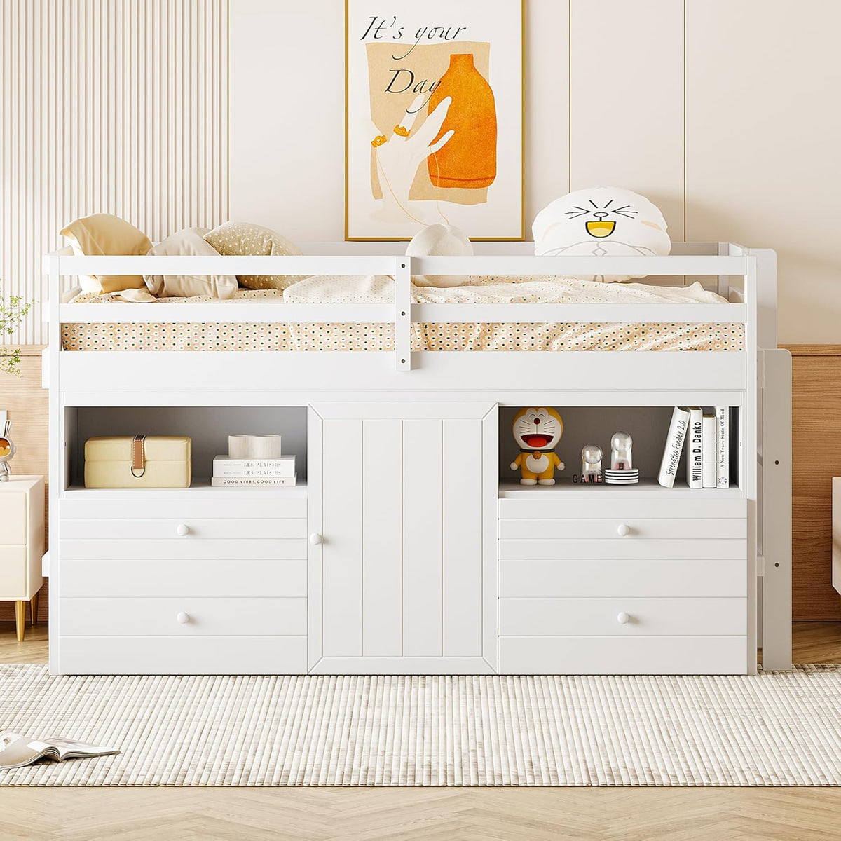 White Wooden Twin Size Loft Bed with 4 Drawers D1413