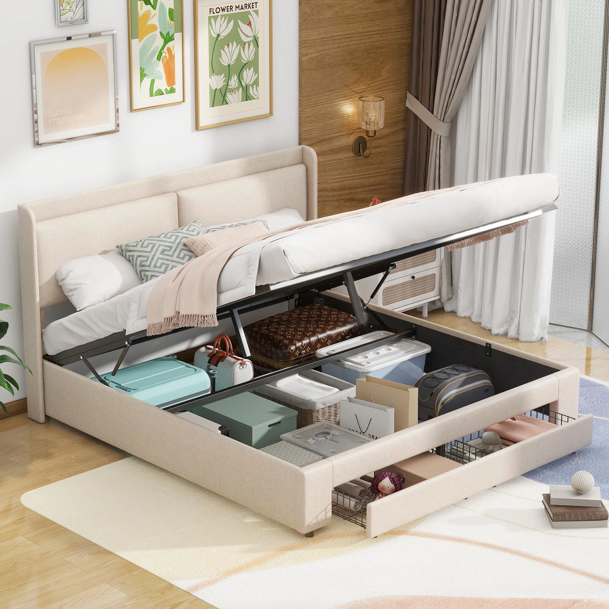Queen Size Upholstered Platform Bed with Underbed Storage and 2 Drawers Beige M3532