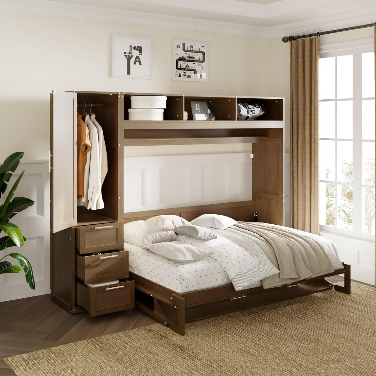 Full Size Murphy Bed Frame with Wardrobe, 3 Drawers and Open Shelves U8167