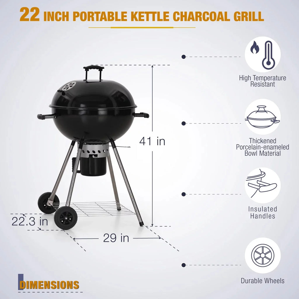 22" Portable Charcoal BBQ Grill, Black K92094