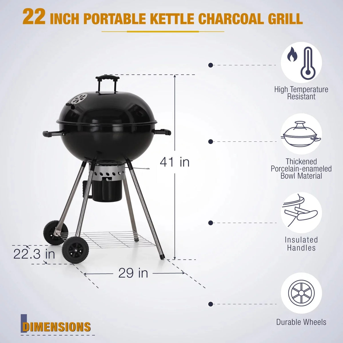 22" Portable Charcoal BBQ Grill, Black K92094