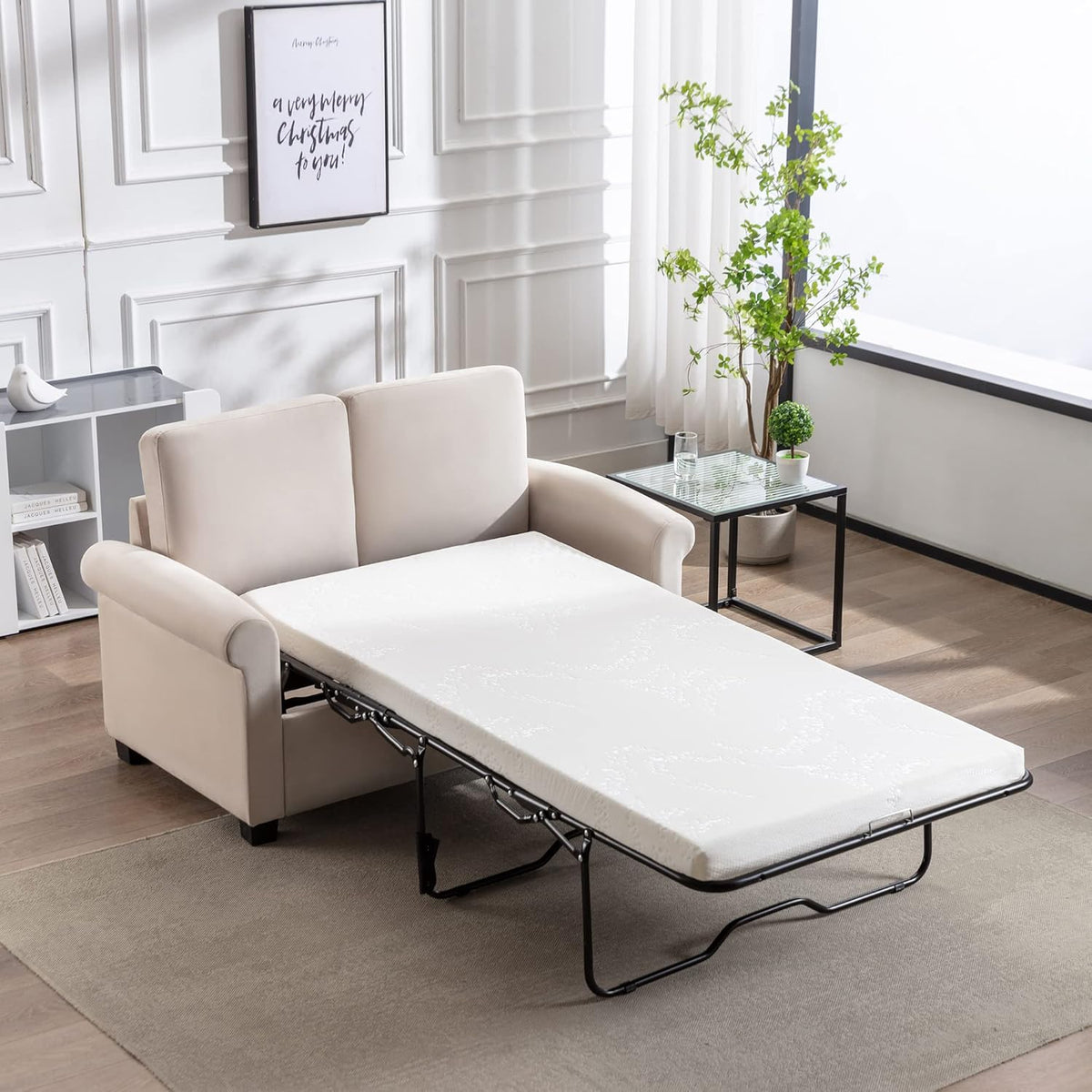 Beige White Pull Out Sofa Bed with Twin Size Mattress Pad N5144