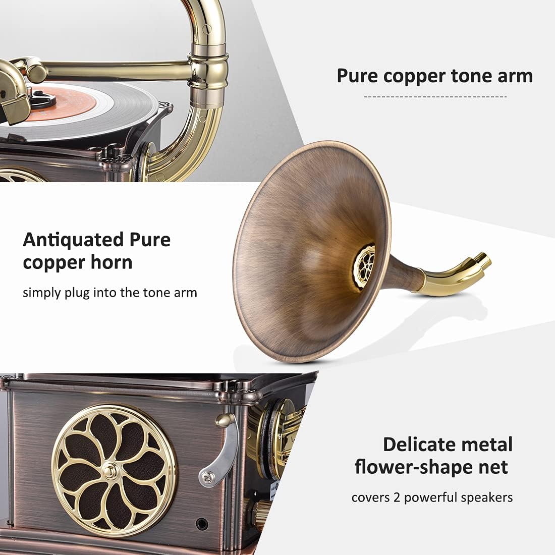Mini Record Player with Copper Horn Aluminum Body Z5562