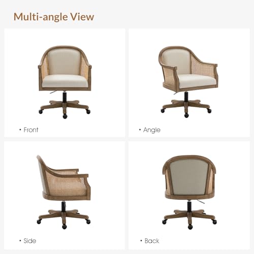 Ivory Upholstered Rattan Desk Chair with Armrest Q4538