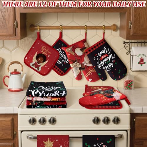 12 Pcs Christmas Kitchen Towels Pot Holders and Oven Mitts Set E609