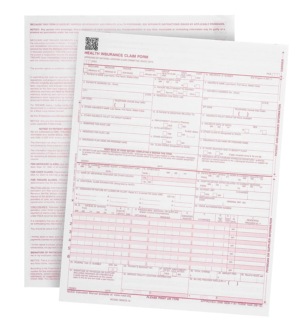 CMS 1500 Claim Forms 500 Sheets Y63341