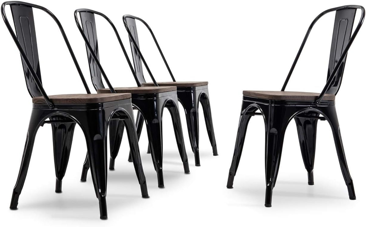 Set of 4 Stackable Metal Dining Chairs with Wood Seat R9421