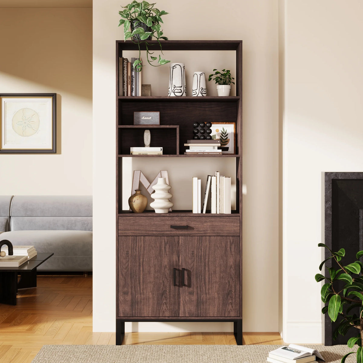 76" Wooden Bookshelf with Doors, Storage Drawer and LED Strip Lights F127192