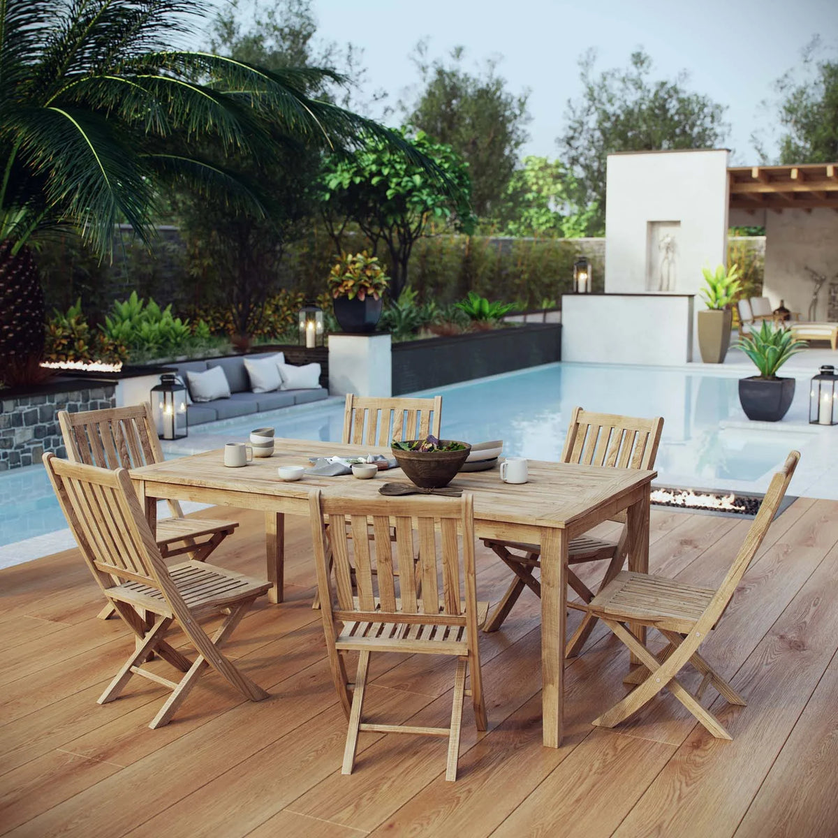 Outdoor Patio Side Dining Chair and Table Set, Wood, Natural H482