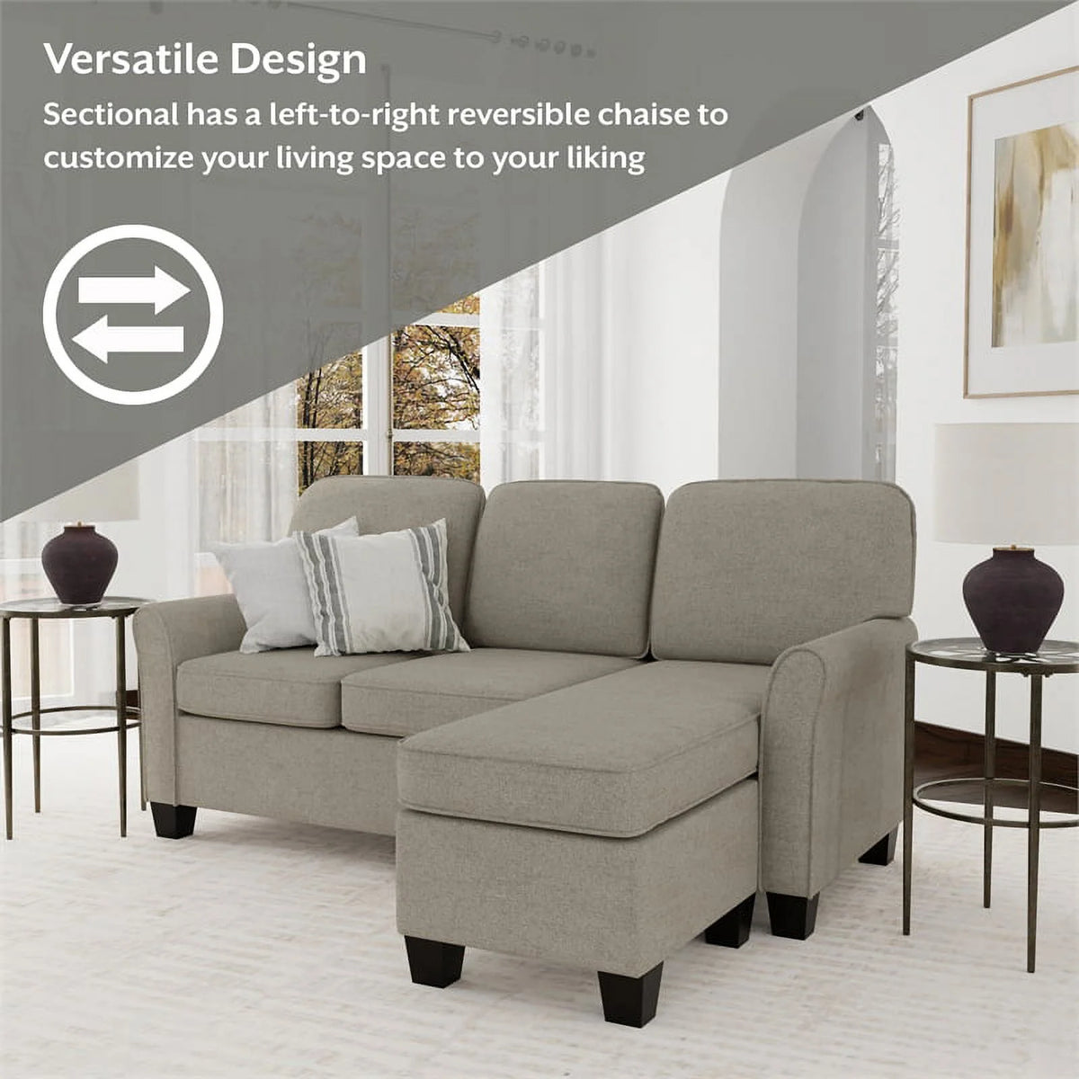 Reversible Sectional Chaise Greige Brown Fabric D771