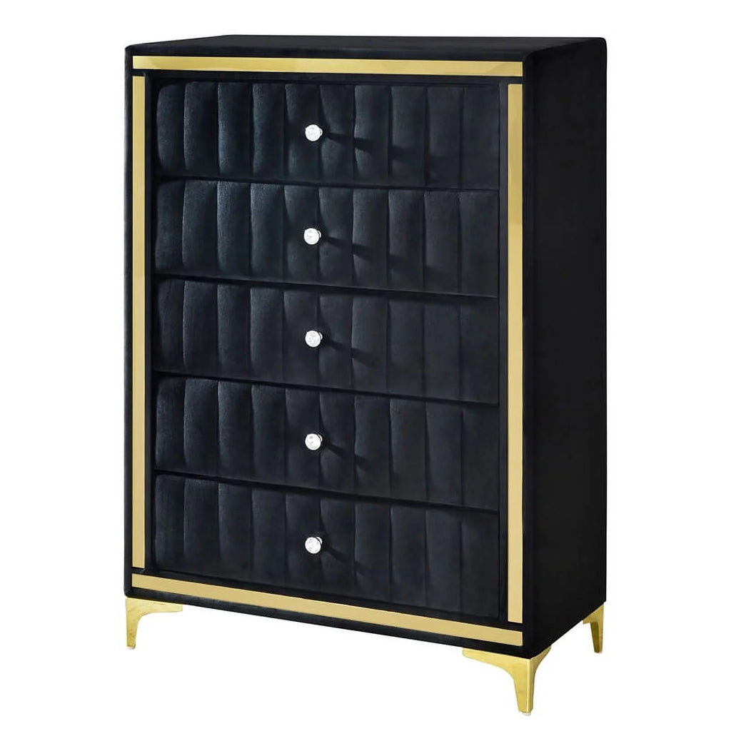 Black Velvet Upholstered 5-Drawer Chest G45713