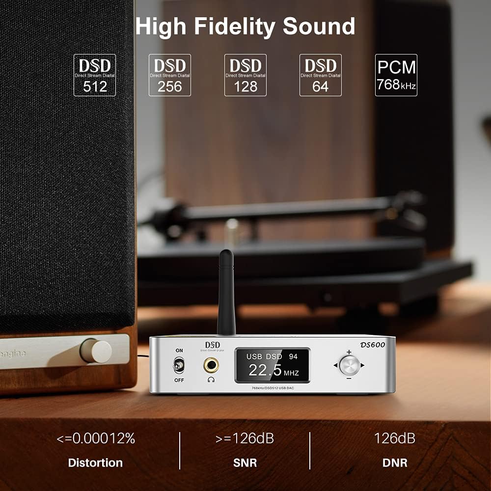 DS600 HiFi Audio DAC Bluetooth 5.0 Receiver LDAC AptX HD, USB DAC, DSD512 32Bit/768Khz, Dual ES9038Q2M XMOS, Headphone Amplifier 3.5mm AUX/RCA Out R11166