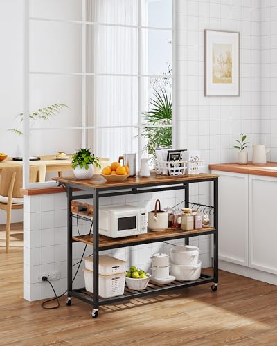 Kitchen Island with Power Outlet and Folding Top, 3-Tier Storage, Wine Rack F59695