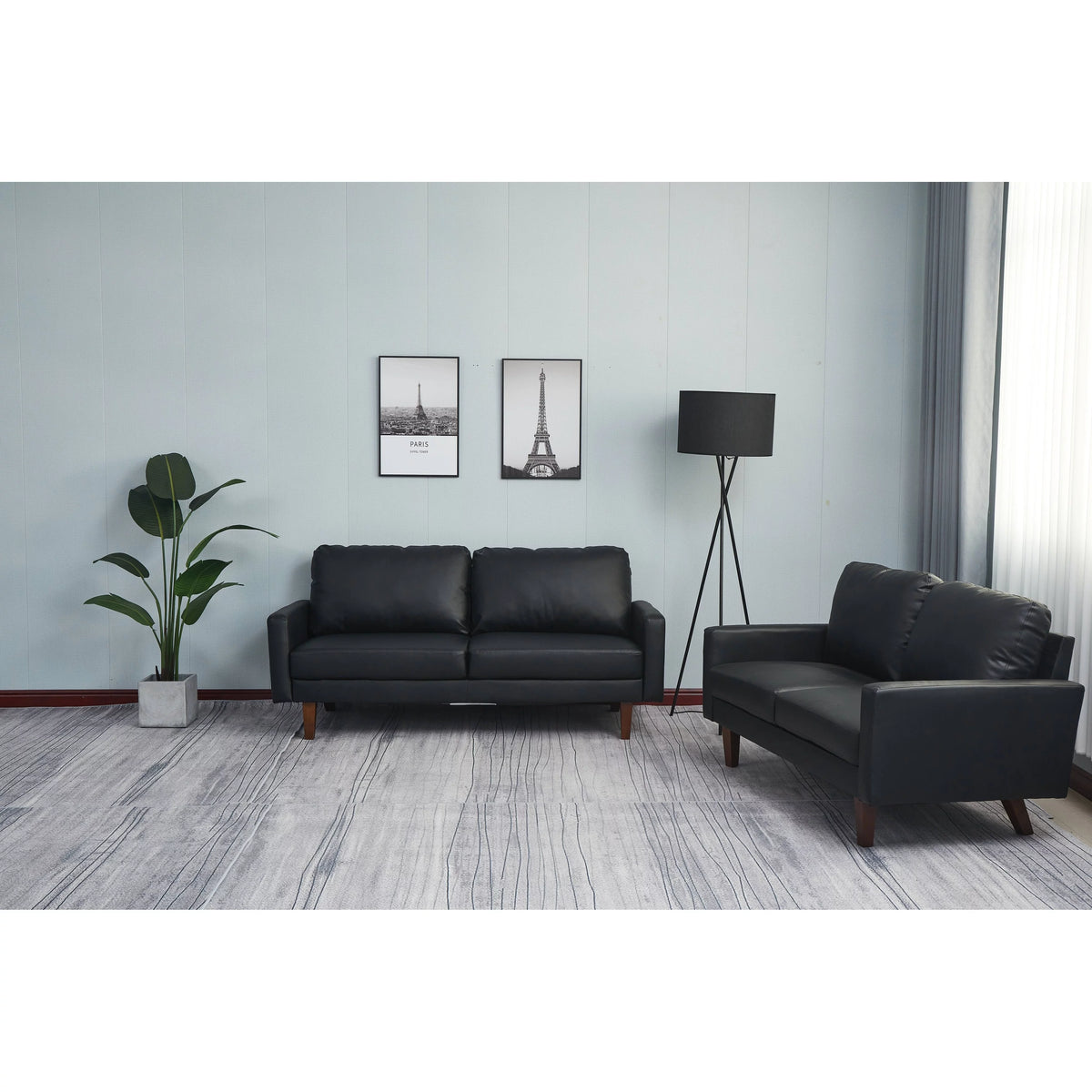 Black 2 Piece Faux Leather Loveseat and Sofa C8226