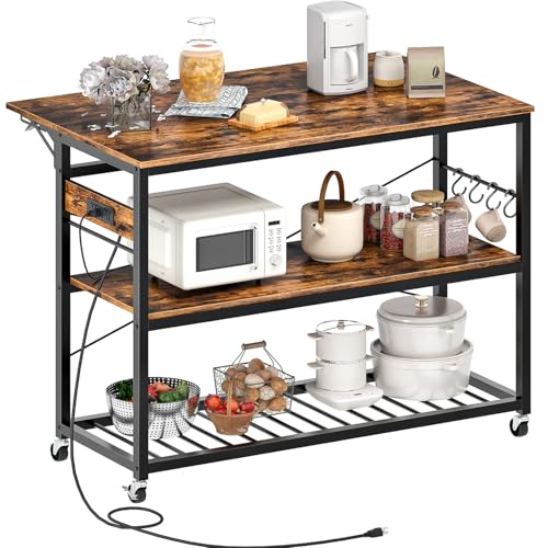 Kitchen Island with Power Outlet and Folding Top, 3-Tier Storage, Wine Rack F59695