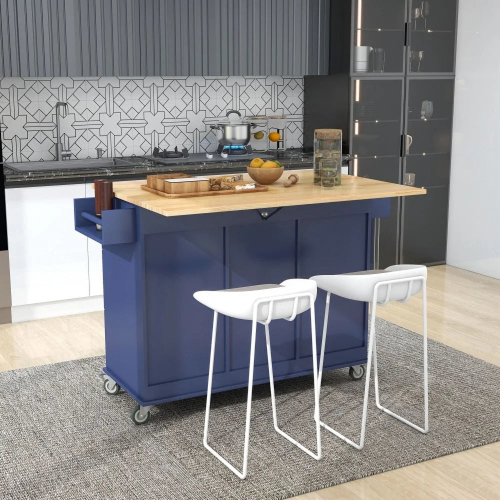 Dark Blue Rolling Mobile Kitchen Island with Solid Wood Top and Locking Wheels Y4075