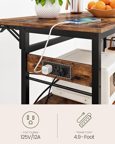 Kitchen Island with Power Outlet and Folding Top, 3-Tier Storage, Wine Rack F59695