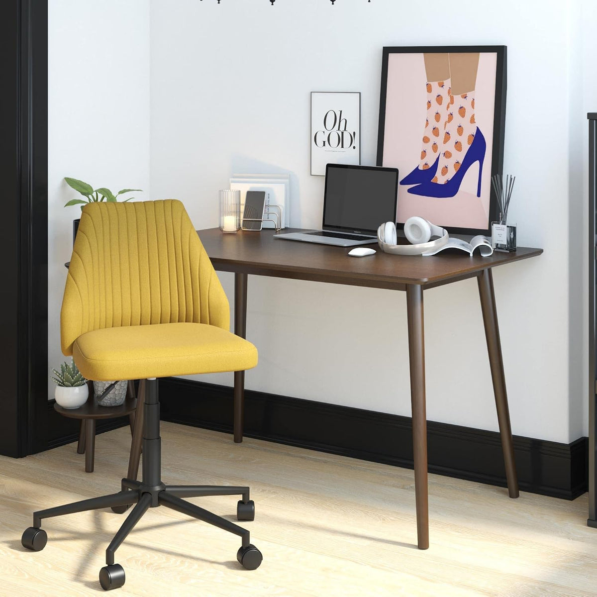 Mustard Linen Office Chair with Casters F964
