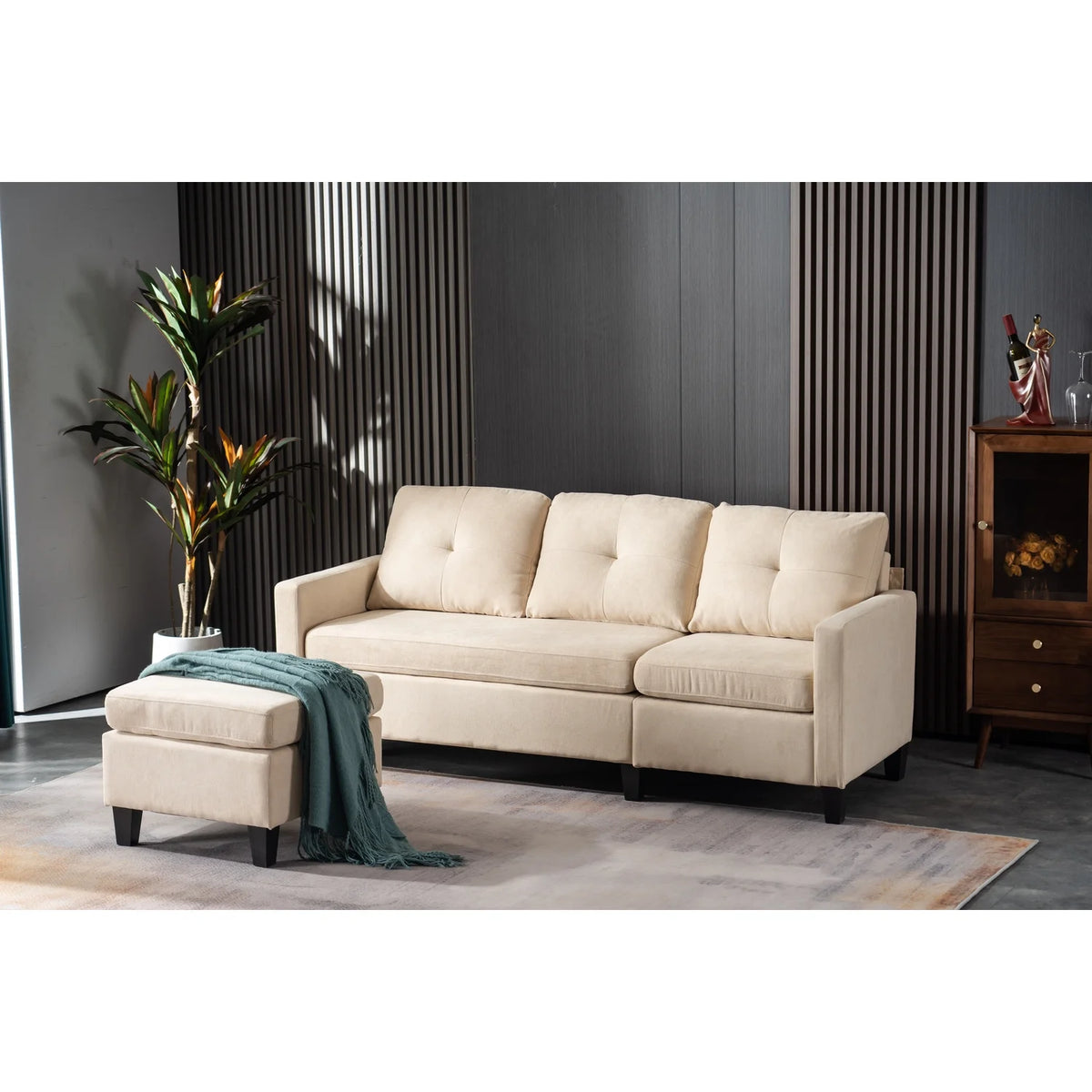 75" Gray Fabric Sofa and Chaise Convertible to Ottoman B841