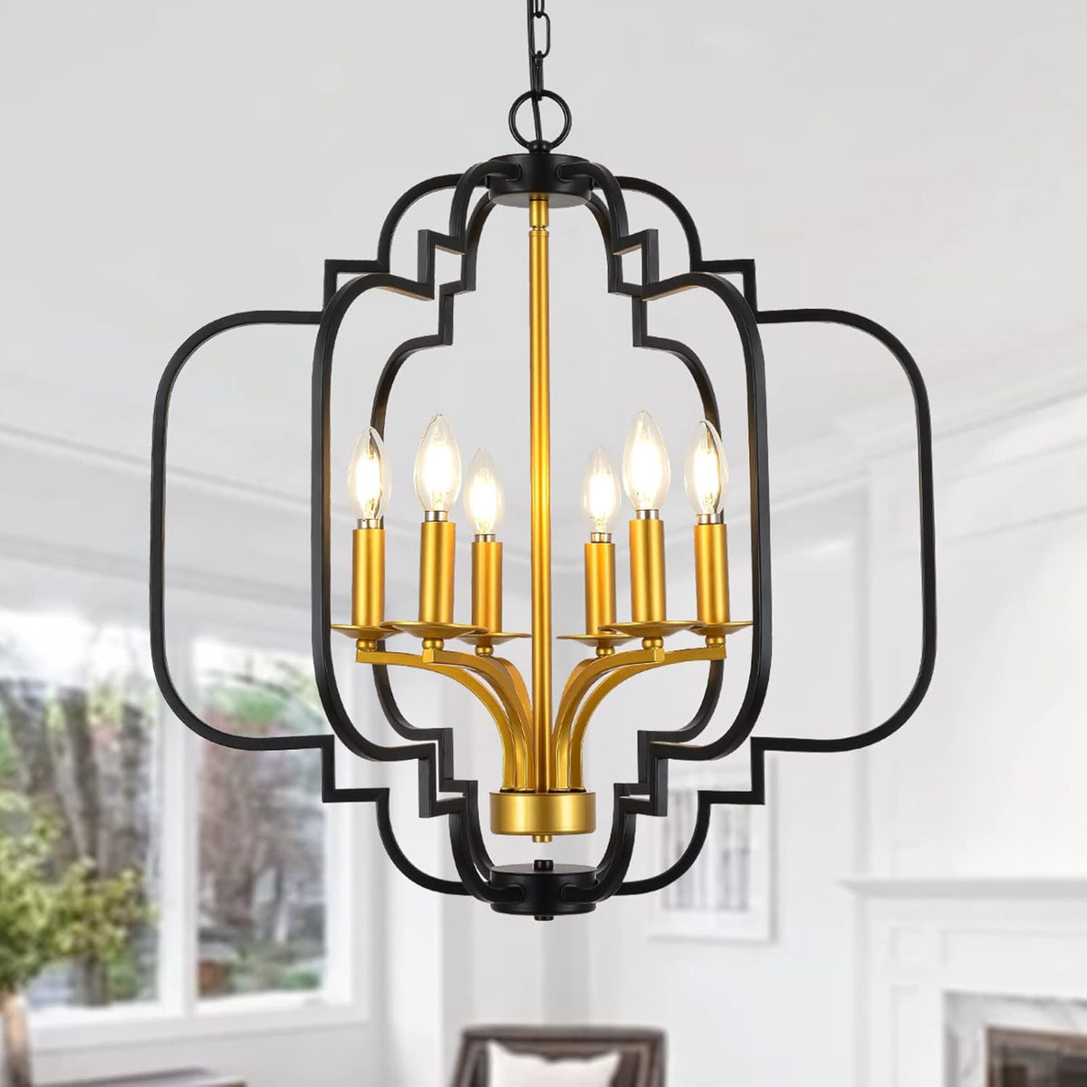 Farmhouse Chandelier Black and Gold Modern Candle Pendant Light Fixtures O224520