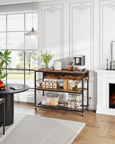Kitchen Island with Power Outlet and Folding Top, 3-Tier Storage, Wine Rack F59695
