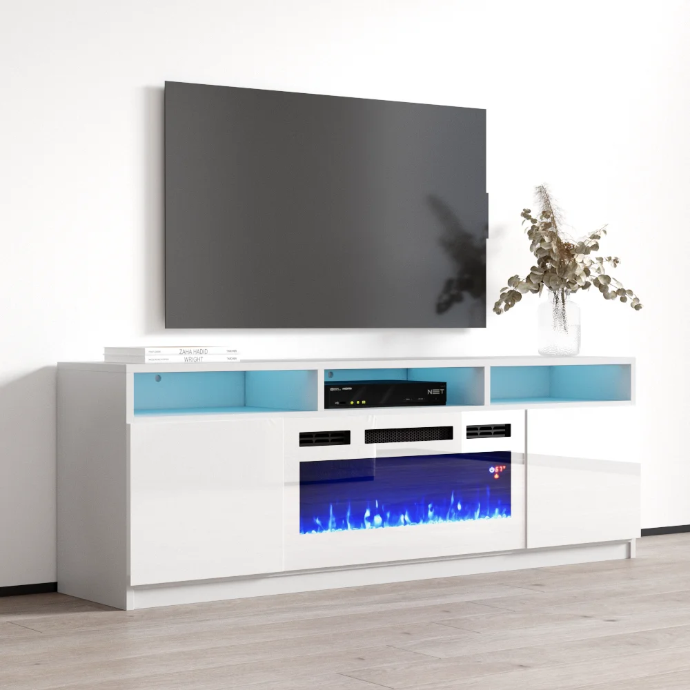 63" High Gloss Fireplace TV Stand with Storage Cabinets and LED Lights I1959
