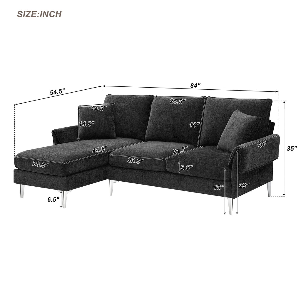 84" L-Shaped Black Sofa with Reversible Chaise I397