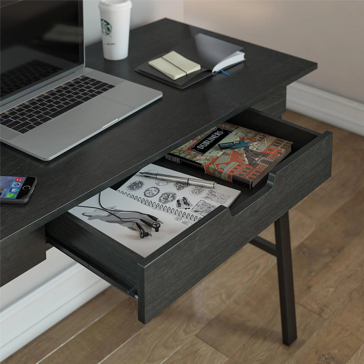 Black Oak Computer Desk with Drawer U695