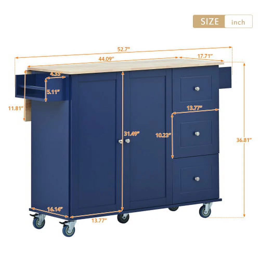 Dark Blue Rolling Mobile Kitchen Island with Solid Wood Top and Locking Wheels Y4075