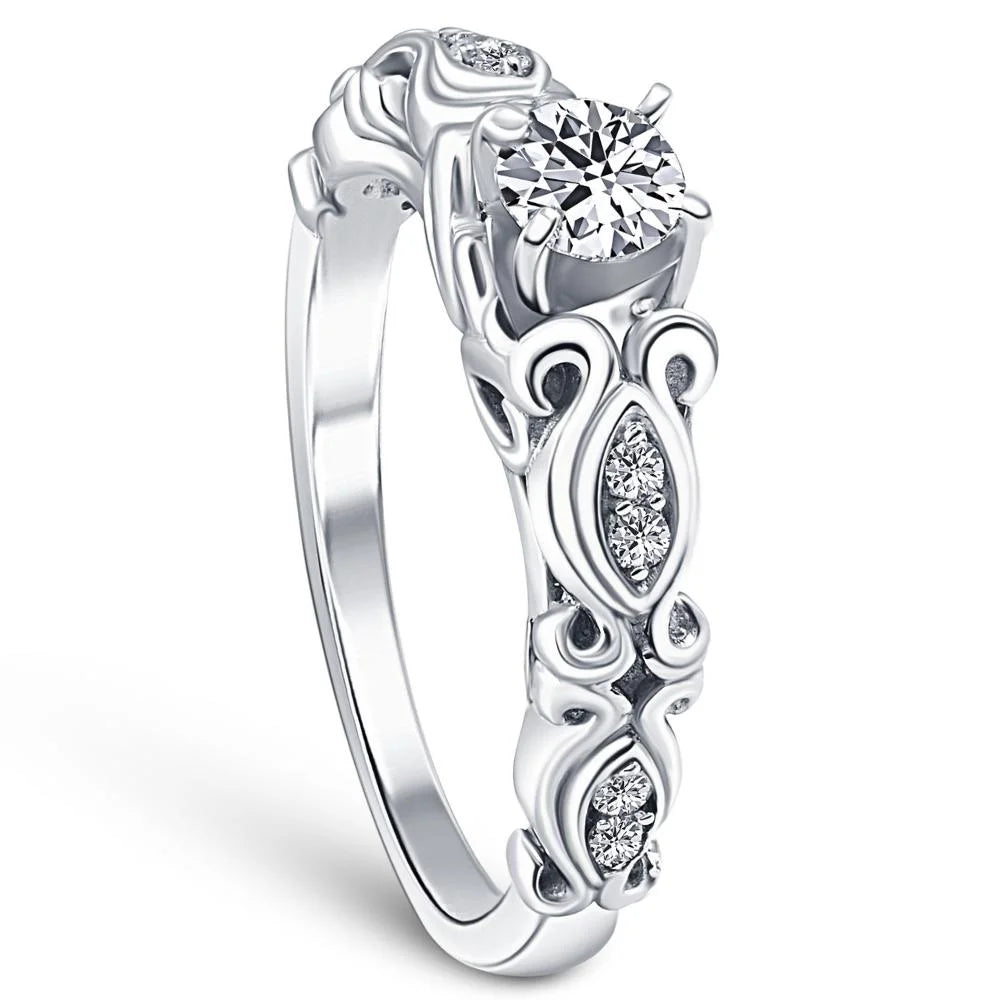 Vintage Diamond Engagement Ring 14K White Gold H100
