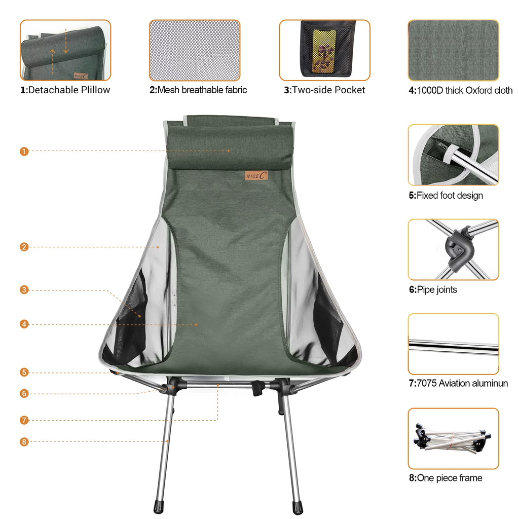 Ultralight High Back Folding Camping Chair with Headrest and Carry Bag, 2 Pack U298672