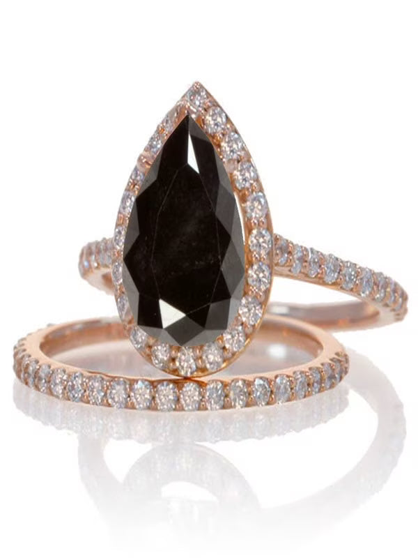 Black Diamond and Diamond Halo Bridal Ring Set on 10k Rose Gold N3164
