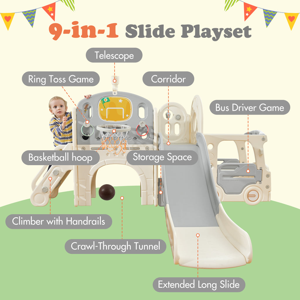 9 in 1 Kids Slide Playset with Basketball Hoop W87902