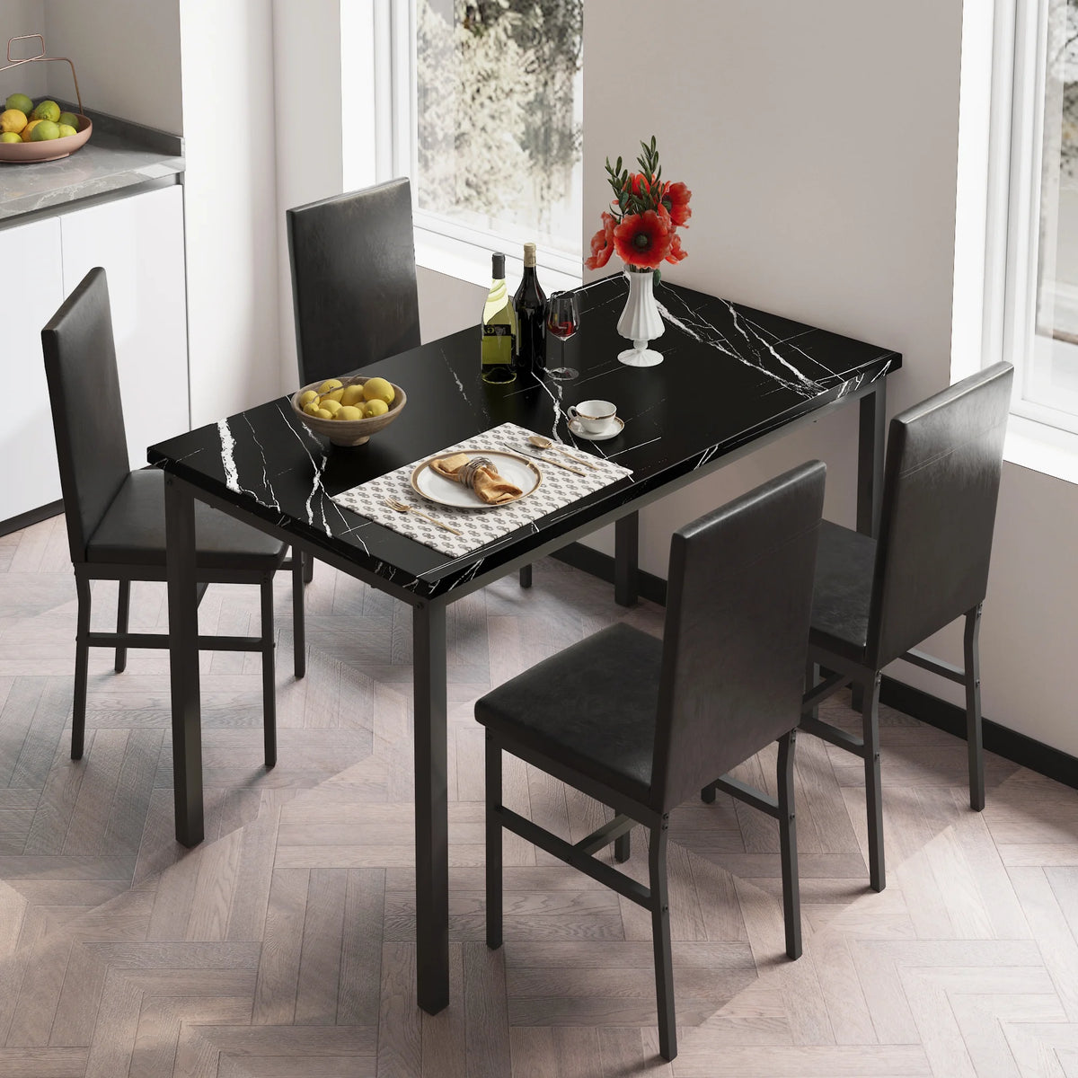 5 Piece Black Dining Table and Chairs Set E426