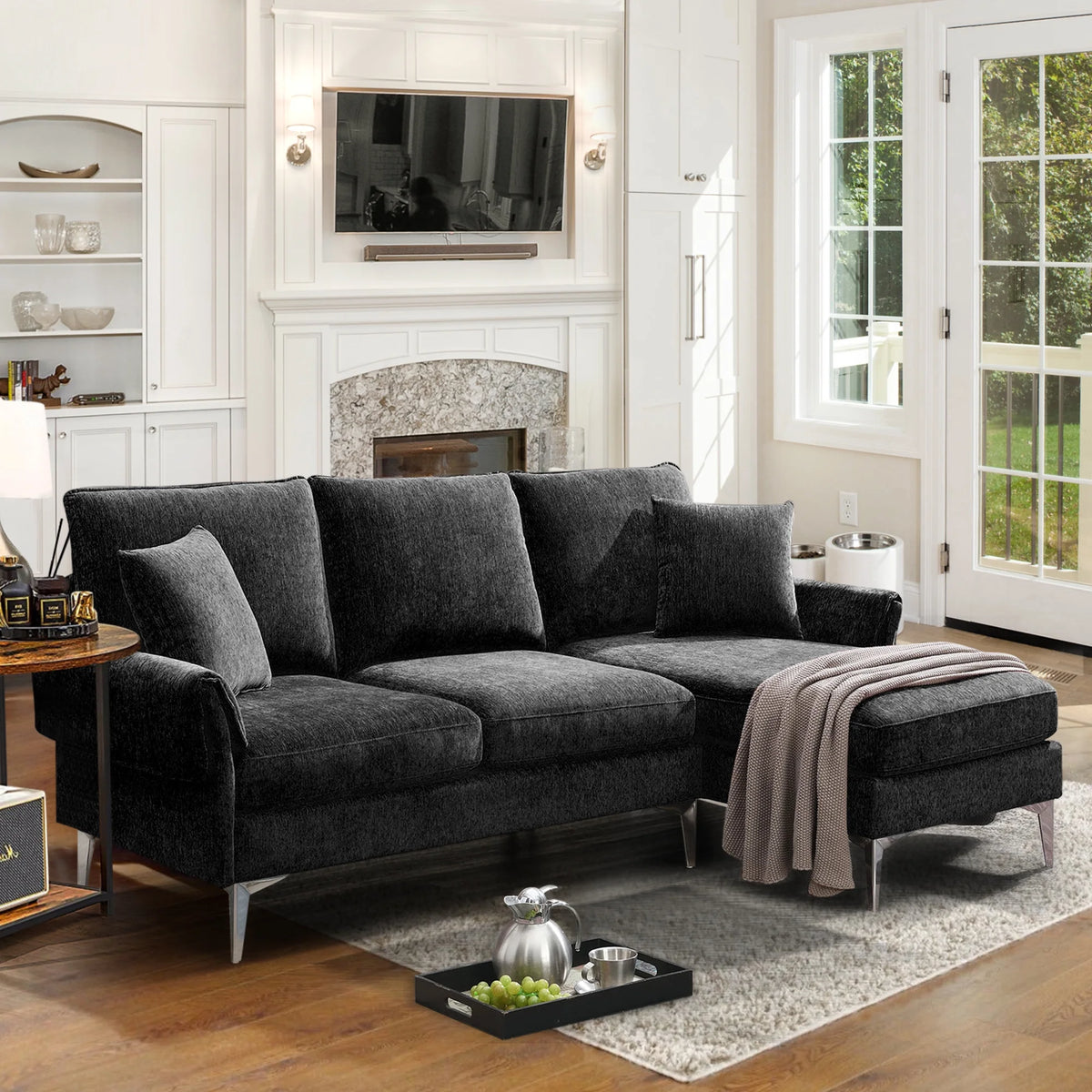 84" L-Shaped Black Sofa with Reversible Chaise I397