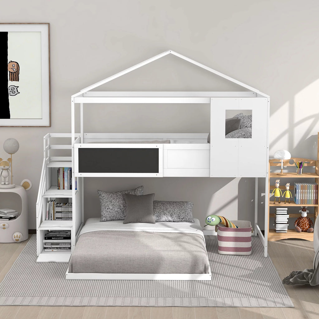 Twin over Full Bunk Bed with Storage Staircase and Blackboard White O428241