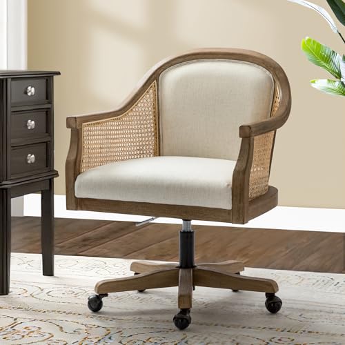 Ivory Upholstered Rattan Desk Chair with Armrest Q4538