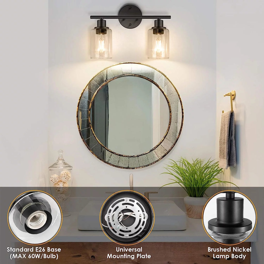 2 Light Matte Black Vanity Light with Glass P7566