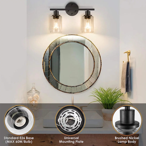 2 Light Matte Black Vanity Light with Glass P7566
