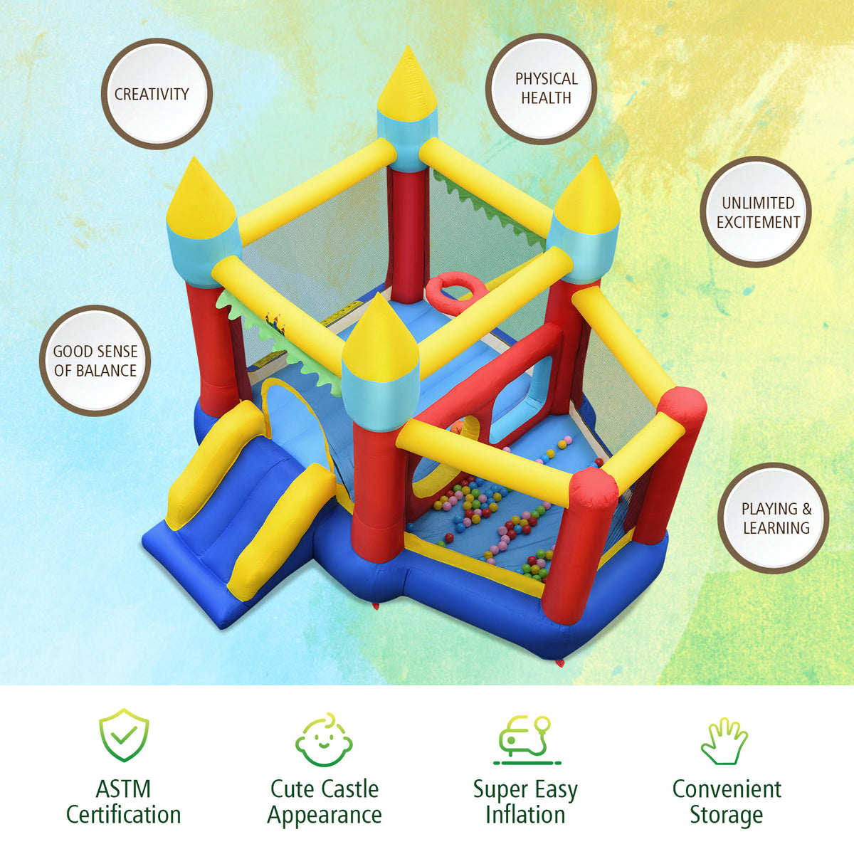 Inflatable Bounce House Slide with Tunnels Ball Pit and 480W Blower U8365