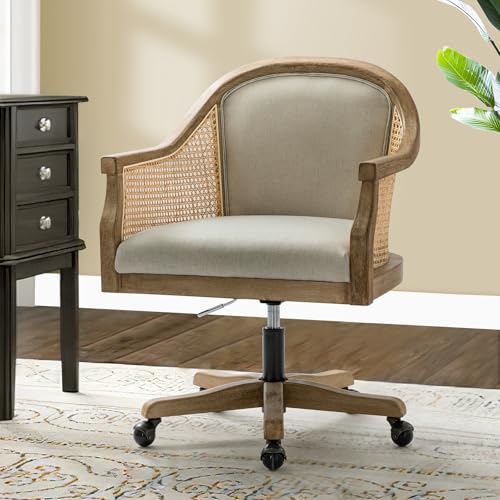 Ivory Upholstered Rattan Desk Chair with Armrest Q4538