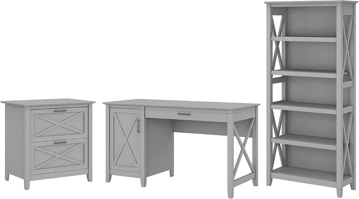 54W Reclaimed Pine Computer Desk with 2 Drawer File Cabinet and 5 Shelf Bookcase H11128