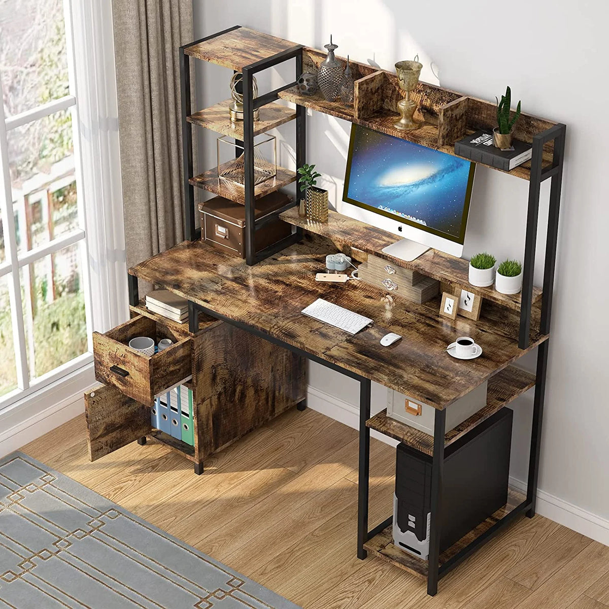 55" Computer Desk with Hutch and Storage Shelf Z786145