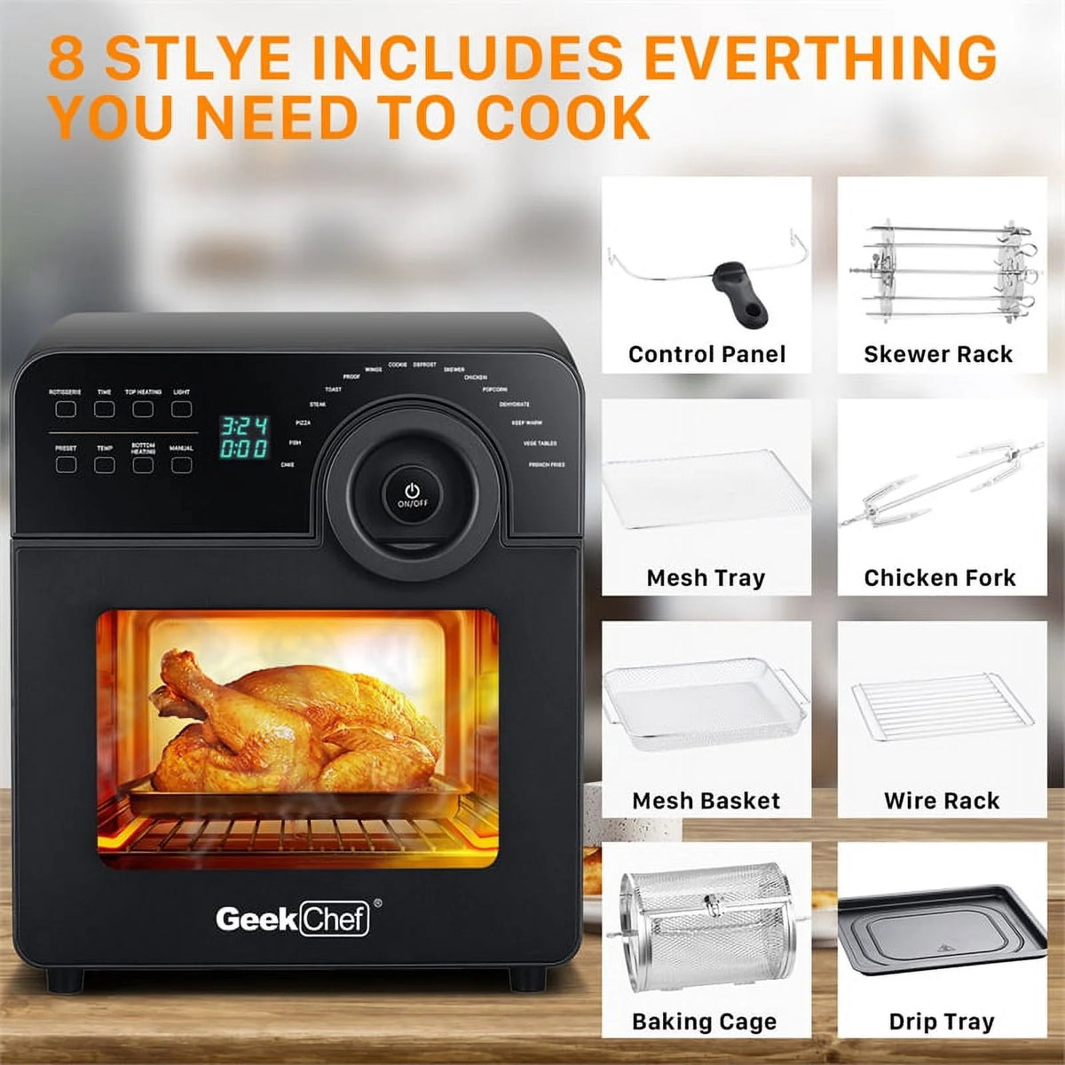 Black 16-in-1 Digital Air Fryer Oven with Rotisserie and Dehydrator R85934