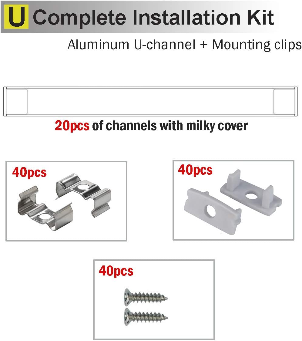 10-Pack 6.6ft U Shape LED Aluminum Channel System with Milky Cover, End Caps and Mounting Clips B905792