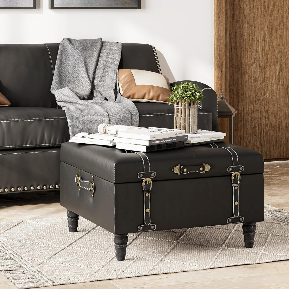 Black Faux Leather Ottoman H6758