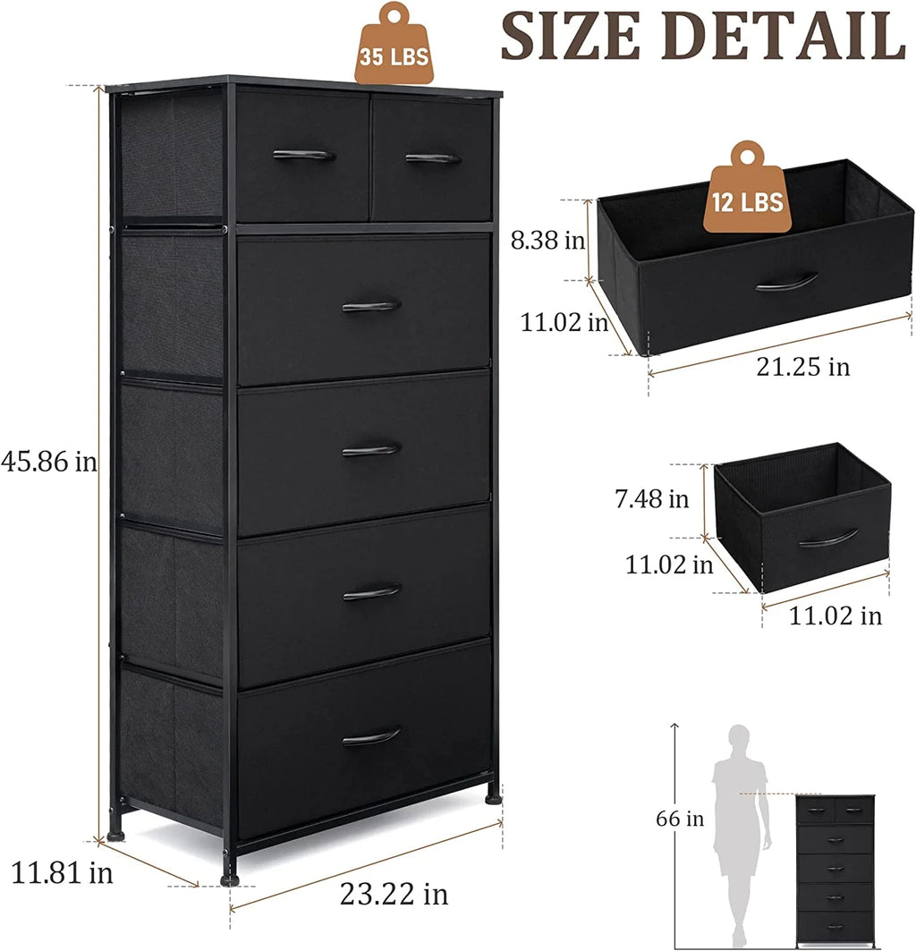 Black 6 Drawer Fabric Dresser N4040