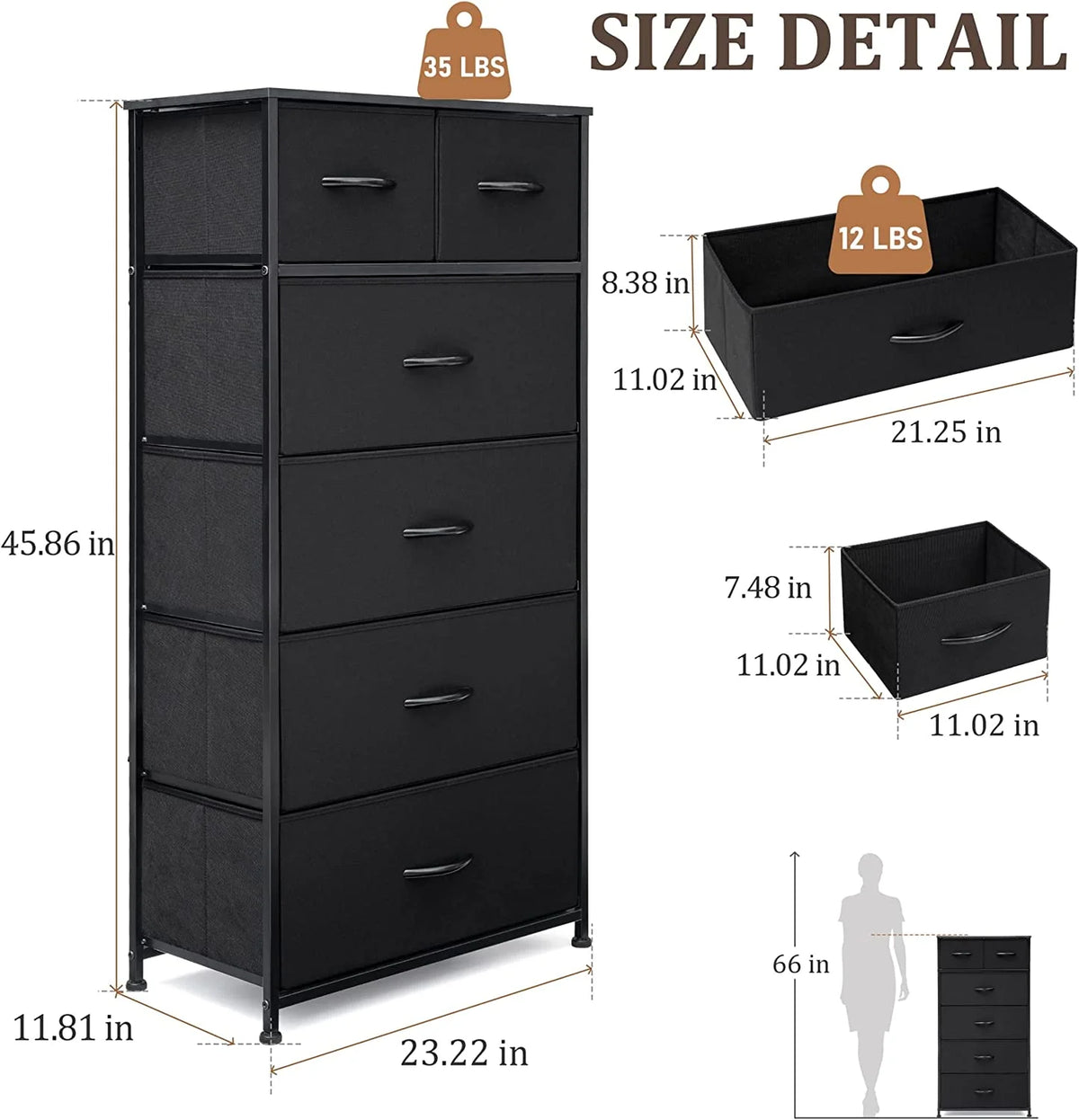 Black 6 Drawer Fabric Dresser N4040