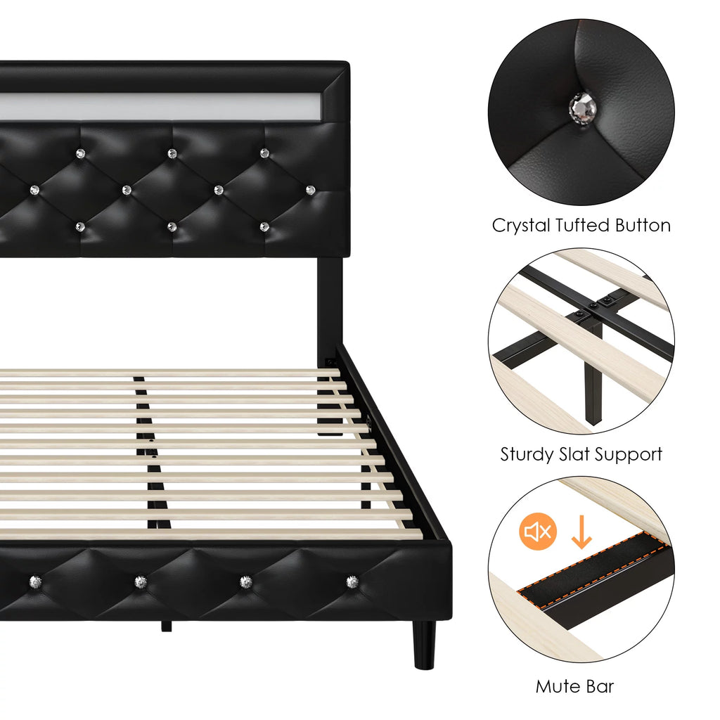 Queen Size LED Upholstered Platform Bed Frame with Adjustable Headboard X884