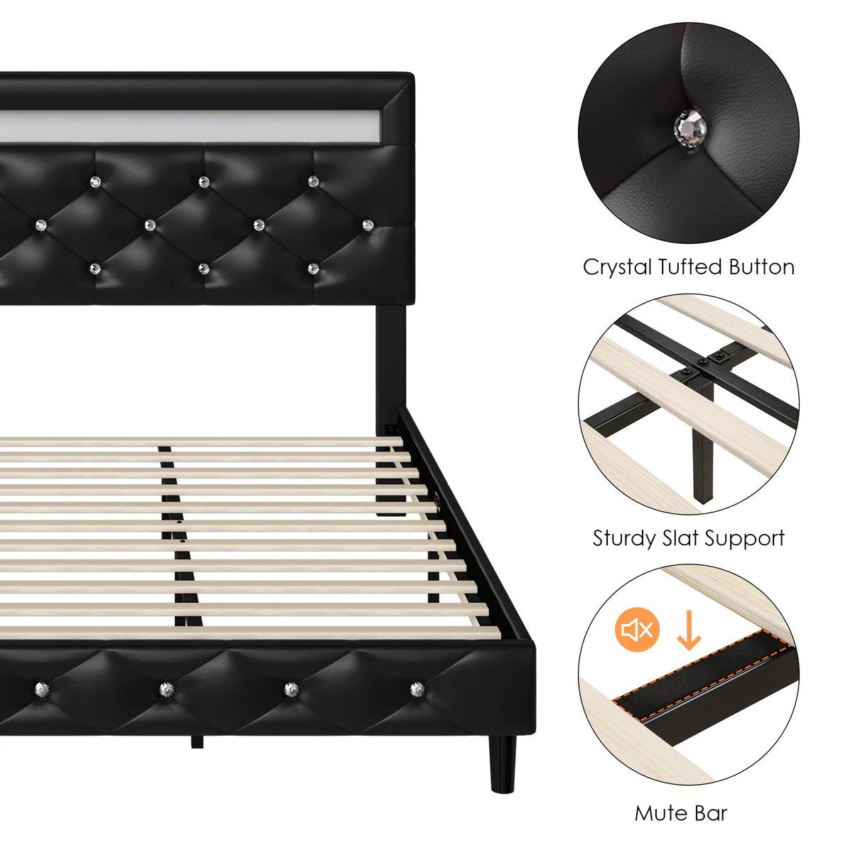Queen Size LED Upholstered Platform Bed Frame with Adjustable Headboard X884